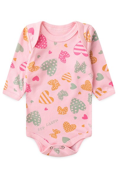 Body Bebê Feminino Manga Longa Canelado Rosa Corações (RN/P/M/G) - Top Chot