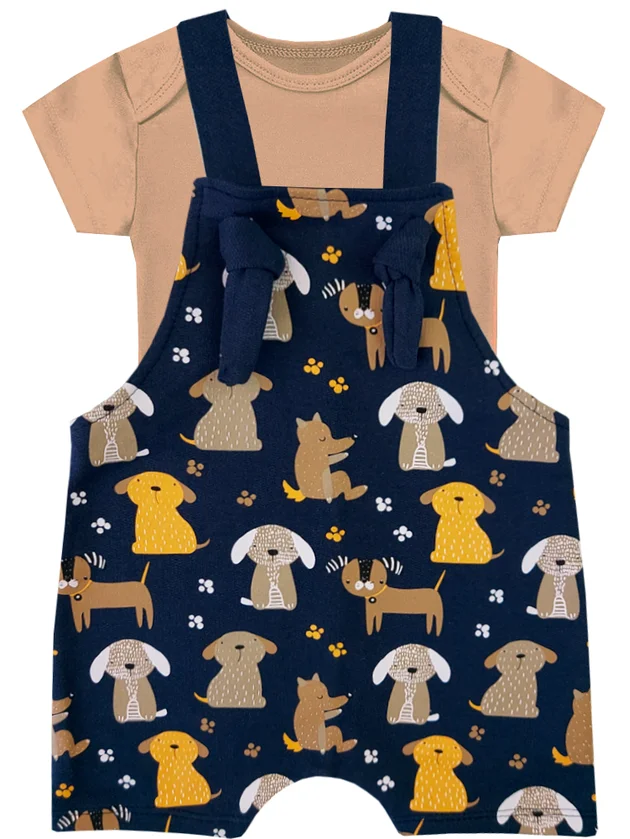 Jardineira e Body Infantil Moletinho Dog Mini Gente 20351 Marinho